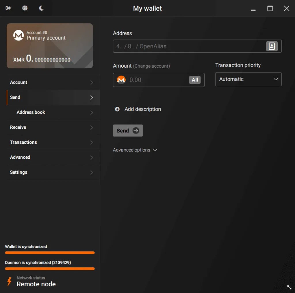 The official Monero wallet, synced, with a remote node connected